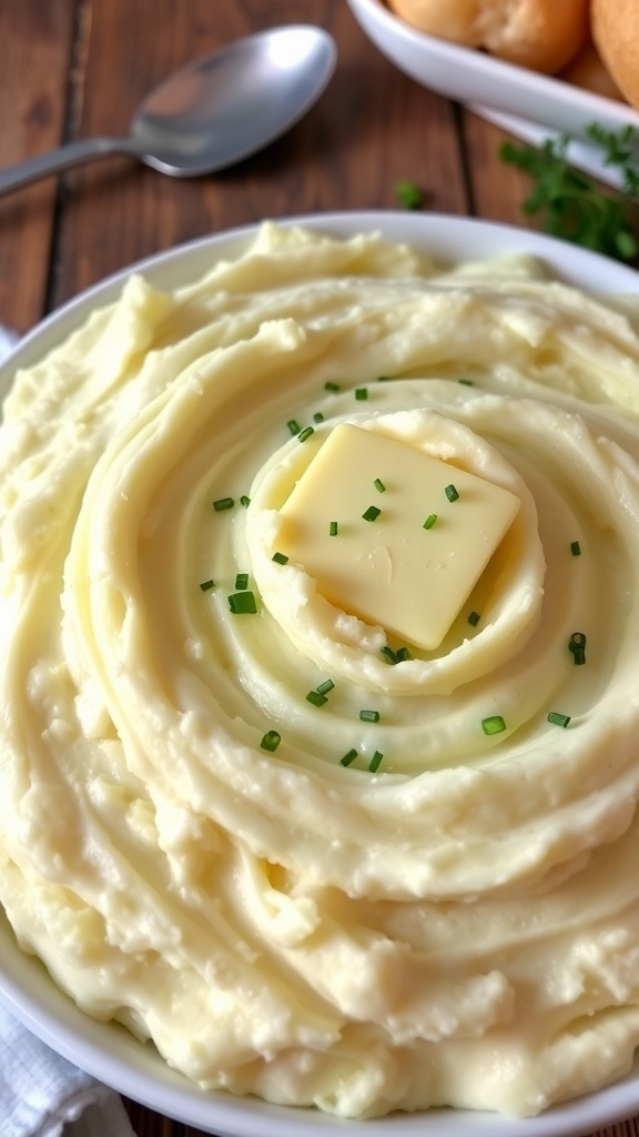 A bowl of creamy mashed potatoes topped with butter and chives on a rustic table.